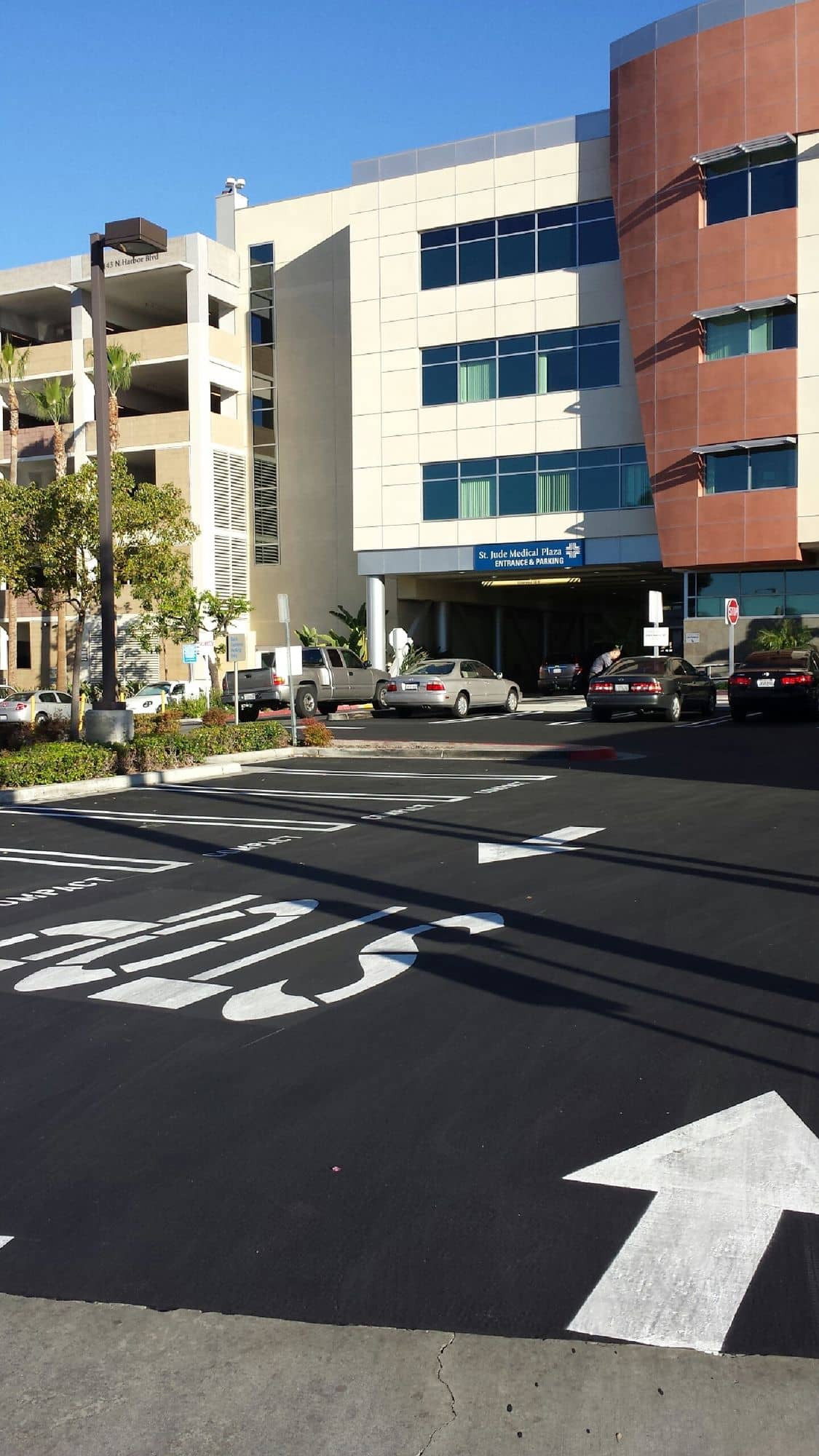 Close view of a fresh white directional arrow and stop bar painted on black pavement