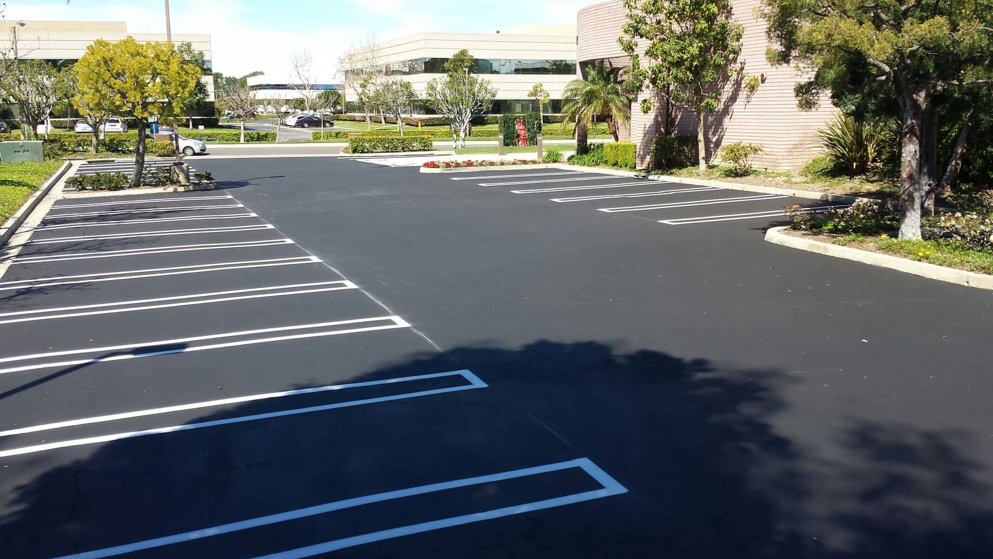 Newly striped parking area with crisp white stall markings in front of an office complex